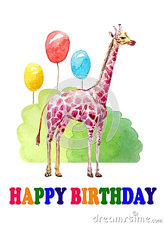 Happy birthday. Color giraffe congratulations on the holiday. Three colorful balls, bushes. Watercolor. Stock Photo