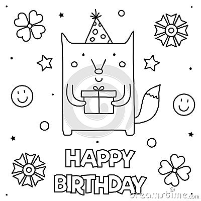 Happy Birthday. Coloring page. Vector illustration of a fox. Vector Illustration