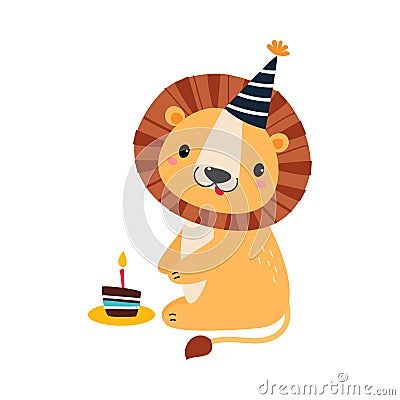 Happy Birthday Concept, Adorable Lion Baby Animal with Festive Cupcake, Baby Shower Celebration Element Cartoon Vector Vector Illustration