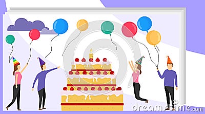 Happy birthday concept banner with people. Family party with happy people and big cake. Cartoon corporate Vector Illustration