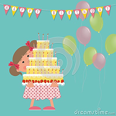 Happy birthday concept. Cute smiling girl holding a big cake with candles in her hands Vector Illustration