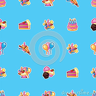 Happy Birthday concept. Pattern sweet cake with candles for celebration party, cake, confectionery cupcakes, colorful Vector Illustration