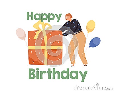 Happy birthday concept with person pushing huge gift box wrapped in festive paper. Woman with balloons and grand holiday Vector Illustration