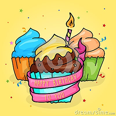 Happy Birthday Cup Cake with candle and Ribbon. Hand Drawn Style Illustration. Vector Illustration