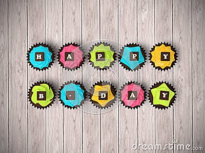 Happy Birthday cupcakes isolated on wood floor background Cartoon Illustration