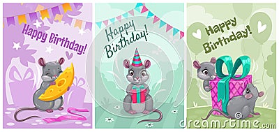 Happy birthday, cute vector greeting cards with funny cartoon mice. Holiday posters set. Vector Illustration