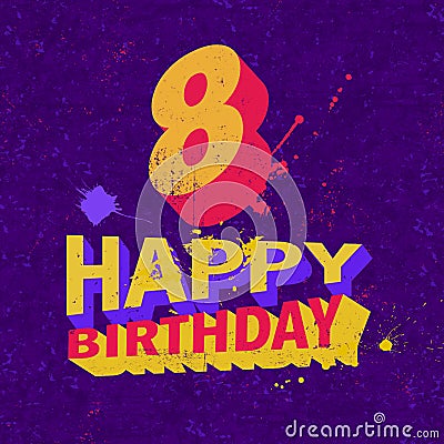 Happy birthday, 3d text on blue background, multicolored letters, number eight Stock Photo