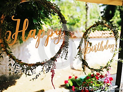 Happy birthday decoration table event decor flower spring summer Stock Photo