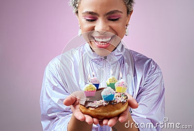 Happy birthday donut, black woman with cupcake candles and hands holding sweet dessert in New York. Anniversary Stock Photo