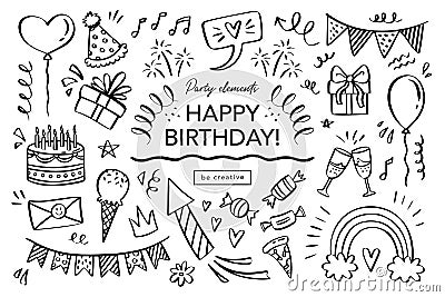 Happy Birthday doodle set. Sketch party decoration, gift box, cake, party. Hand drawn elements Vector Illustration