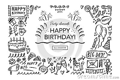 Happy Birthday doodle set. Sketch party decoration, gift box, cake, party. Hand drawn elements Vector Illustration