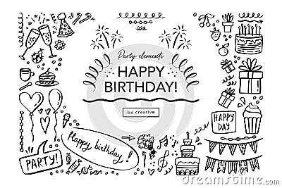 Happy Birthday doodle set. Sketch party decoration, gift box, cake, party. Hand drawn elements Vector Illustration