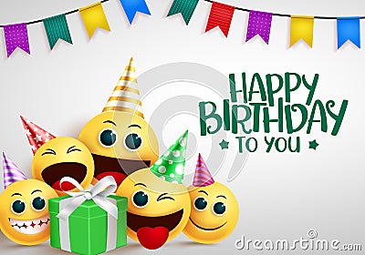 Happy birthday emoji vector greeting design. Happy birthday to you greeting text with cute smiley emoji in party elements. Vector Illustration