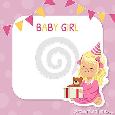 Happy Birthday Festive Card with Blond Girl in Birthday Hat Sitting with Unwrapped Gift Box and Teddy Bear Inside Vector Vector Illustration