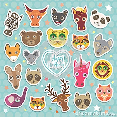 Happy birthday. Funny Animals card template on light blue Polka dot background. Vector Vector Illustration