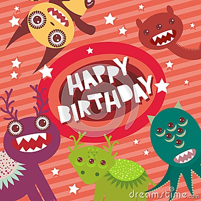 Happy birthday Funny monsters party card design on pink striped background with stars. Vector Vector Illustration