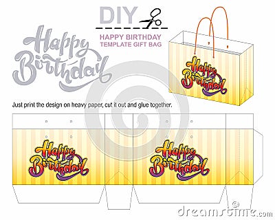 Happy Birthday. Gift paper bag template, present bag. Beautiful illustrations with calligraphy text Happy Birthday. Hand drawn, de Vector Illustration