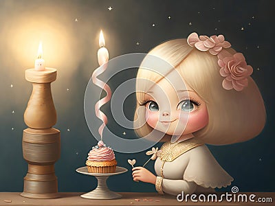 Lovely illustration of a pretty smiling child girl next to a birthday cupcake in the light of a candle. AI generated Cartoon Illustration