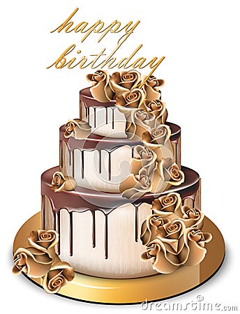 Happy Birthday golden cake Vector. Delicious dessert with gold roses flowers sweet designs Stock Photo
