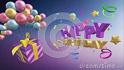 Happy birthday greeting with balloons and gifts in 3d format Stock Photo