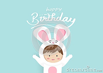 Happy Birthday, greeting card, adorable bunny kid mascot, cute cartoon using for children celebrate invitation vector background Vector Illustration