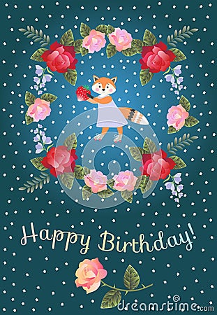 Happy birthday greeting card for baby with cute lovely fox and wreath of red and pink roses and bellflowers. Vector Illustration