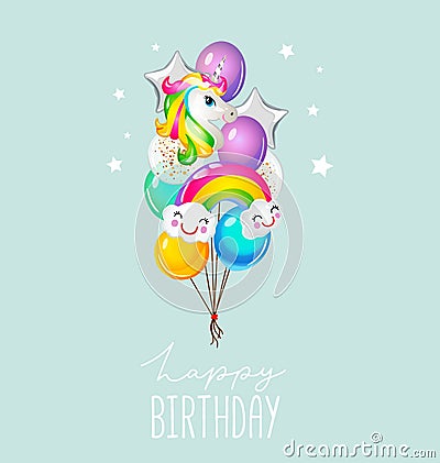 Happy Birthday greeting card with balloons on blue background. Cute unicorn and rainbow balloons card for invitation or print. Vector Illustration