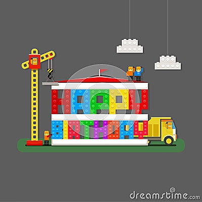 Happy Birthday greeting card with builders, truck and builder cr Vector Illustration