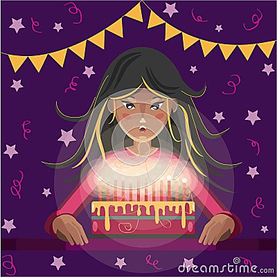 Happy birthday greeting card. Cartoon girl with long hair blows out the candles on the cake Stock Photo