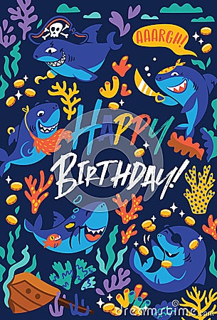 Happy Birthday greeting card with cartoon sharks pirate in comic style Cartoon Illustration