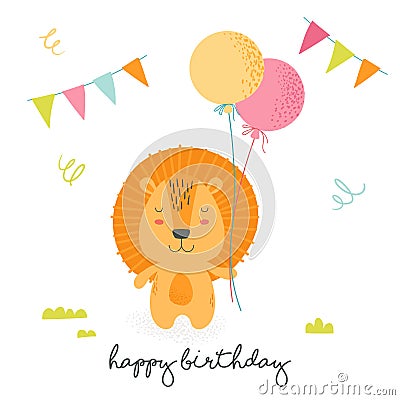 Happy Birthday Greeting Card with Cute Cartoon Scandinavian Style Lion Holding Colorful Balloons with Flags Garlands Vector Illustration