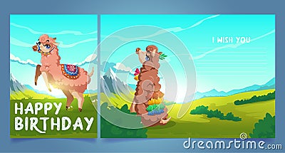 Happy birthday greeting card with cute llama, Vector Illustration