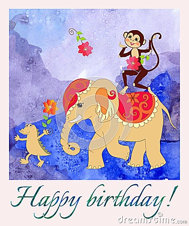 Happy birthday. Greeting card with cute monkey, elephant and small crocodile on watercolor background. Cartoon Illustration