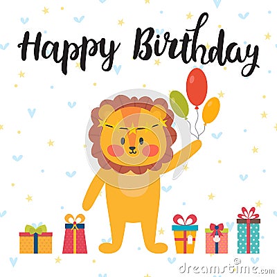 Happy Birthday greeting card. Cute postcard with funny little lion Vector Illustration