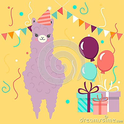 Happy Birthday greeting card with cute purple llama or alpaca. Vector illustration for poster, card, textile or Vector Illustration