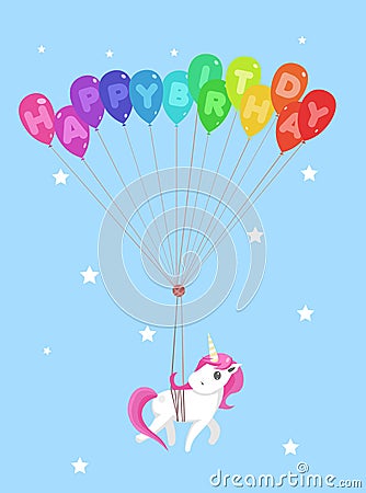 Happy birthday greeting card with cute unicorn and balloons. Vector illustration Vector Illustration