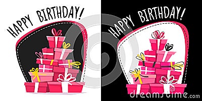 Happy birthday greeting card design , catroon funny style car with gifts , new flat vector illustration . pink white and black yel Vector Illustration