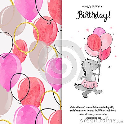 Happy Birthday greeting card design with cute dinosaur girl and balloons Vector Illustration