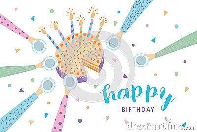 Happy birthday greeting card. Festive cake with candles. Vector illustration, cartoon postcard. Vector Illustration