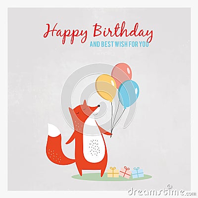 Happy Birthday Greeting Card with a fox holding balloons Vector Illustration