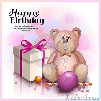 Happy birthday greeting card. Gift box with pink ribbon, cute pink teddy bear and balloon. Vector. Vector Illustration