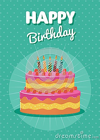 Birthday greeting and invitation card with birthday cake illustration Vector Illustration