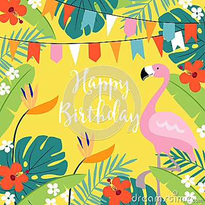 Happy Birthday greeting card, invitation with hand drawn palm leaves, hibiscus flowers, flamingo bird and party flags Vector Illustration