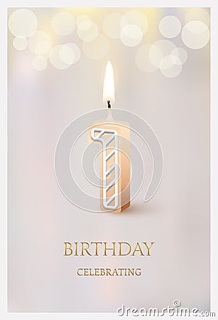 Happy birthday greeting card with 1 number candle, 3d candlelight template design Vector Illustration