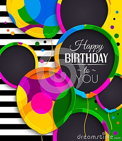 Happy birthday greeting card. Paper balloons with colorful borders. Drops color on background. Vector illustration. Vector Illustration