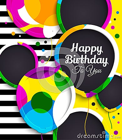 Happy birthday greeting card. Paper balloons with colorful borders. Drops color on background. Vector illustration. Vector Illustration