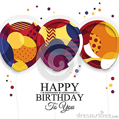 Happy birthday greeting card. Paper balloons with colorful textures. Drops color on background. Vector illustration. Vector Illustration