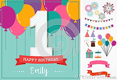 Happy Birthday greeting card with party elements Vector Illustration