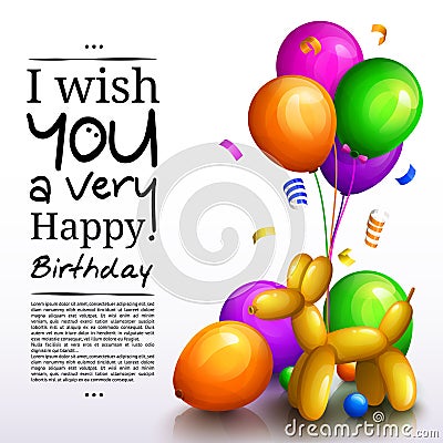 Happy birthday greeting card. Party multicolored balloons, confetti and stilish lettering. Vector. Vector Illustration