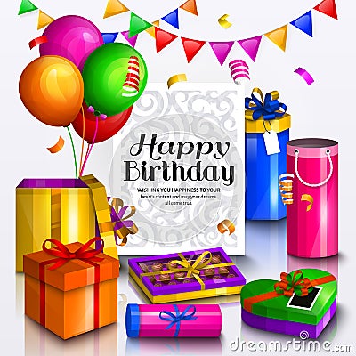 Happy birthday greeting card. Pile of colorful wrapped gift boxes. Party balloons, box chocolates, bunting flag and Vector Illustration